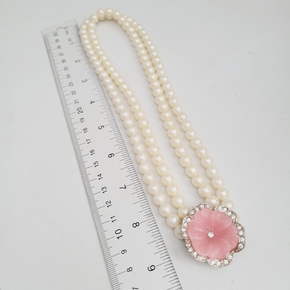 VINTAGE KLJ pink pansy double strand faux pearl necklace and earrings set - Picture 14 of 14